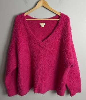 Maeve Anthropologie Sweater Hot Pink Fuzzy Textured V-Neck Size XL Women’s